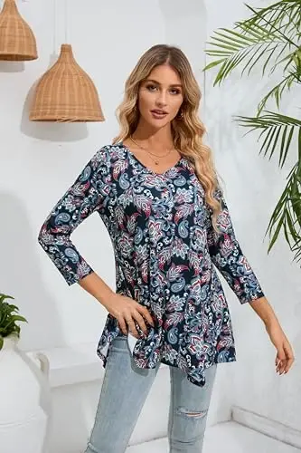 ENMAIN Womens Tunics Tops 3/4 Length Sleeve Plus Size Long Tops to Wear with Leggings Casual Loose Fit Dressy Flowy Blouses - 2