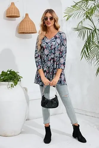 ENMAIN Womens Tunics Tops 3/4 Length Sleeve Plus Size Long Tops to Wear with Leggings Casual Loose Fit Dressy Flowy Blouses - 6