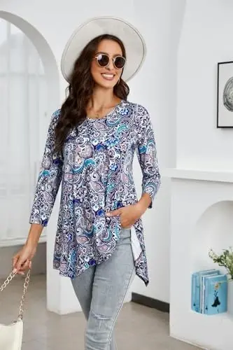 ENMAIN Womens Tunics Tops 3/4 Length Sleeve Plus Size Long Tops to Wear with Leggings Casual Loose Fit Dressy Flowy Blouses - 2