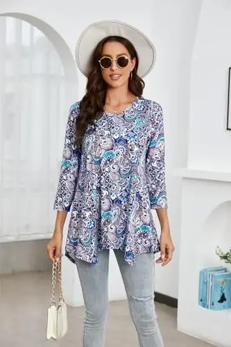 ENMAIN Womens Tunics Tops 3/4 Length Sleeve Plus Size Long Tops to Wear with Leggings Casual Loose Fit Dressy Flowy Blouses - 3