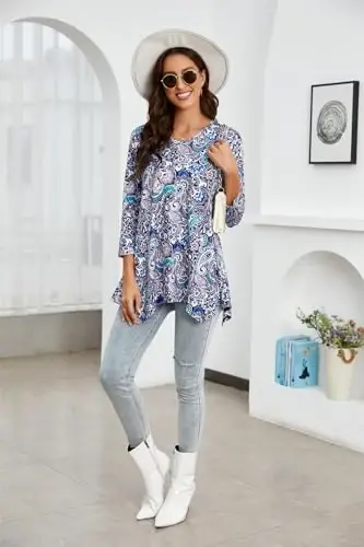 ENMAIN Womens Tunics Tops 3/4 Length Sleeve Plus Size Long Tops to Wear with Leggings Casual Loose Fit Dressy Flowy Blouses - 4