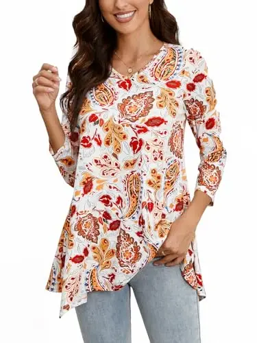 ENMAIN Womens Tunics Tops 3/4 Length Sleeve Plus Size Long Tops to Wear with Leggings Casual Loose Fit Dressy Flowy Blouses 