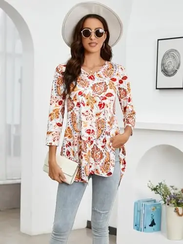ENMAIN Womens Tunics Tops 3/4 Length Sleeve Plus Size Long Tops to Wear with Leggings Casual Loose Fit Dressy Flowy Blouses - 2