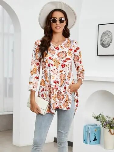 ENMAIN Womens Tunics Tops 3/4 Length Sleeve Plus Size Long Tops to Wear with Leggings Casual Loose Fit Dressy Flowy Blouses - 2