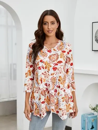 ENMAIN Womens Tunics Tops 3/4 Length Sleeve Plus Size Long Tops to Wear with Leggings Casual Loose Fit Dressy Flowy Blouses - 3