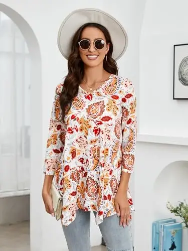 ENMAIN Womens Tunics Tops 3/4 Length Sleeve Plus Size Long Tops to Wear with Leggings Casual Loose Fit Dressy Flowy Blouses - 4