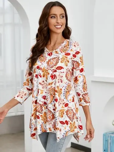 ENMAIN Womens Tunics Tops 3/4 Length Sleeve Plus Size Long Tops to Wear with Leggings Casual Loose Fit Dressy Flowy Blouses - 6