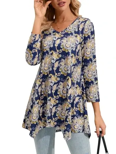 ENMAIN Womens Tunics Tops 3/4 Length Sleeve Plus Size Long Tops to Wear with Leggings Casual Loose Fit Dressy Flowy Blouses - 1