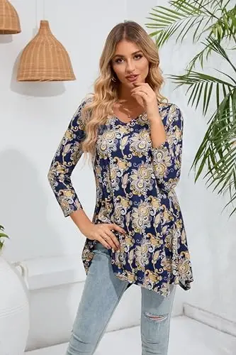 ENMAIN Womens Tunics Tops 3/4 Length Sleeve Plus Size Long Tops to Wear with Leggings Casual Loose Fit Dressy Flowy Blouses - 2