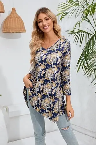ENMAIN Womens Tunics Tops 3/4 Length Sleeve Plus Size Long Tops to Wear with Leggings Casual Loose Fit Dressy Flowy Blouses - 6