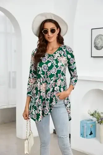 ENMAIN Womens Tunics Tops 3/4 Length Sleeve Plus Size Long Tops to Wear with Leggings Casual Loose Fit Dressy Flowy Blouses - MODAZONE (1)