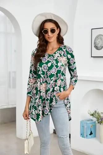 ENMAIN Womens Tunics Tops 3/4 Length Sleeve Plus Size Long Tops to Wear with Leggings Casual Loose Fit Dressy Flowy Blouses - 2