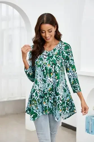 ENMAIN Womens Tunics Tops 3/4 Length Sleeve Plus Size Long Tops to Wear with Leggings Casual Loose Fit Dressy Flowy Blouses - MODAZONE (1)