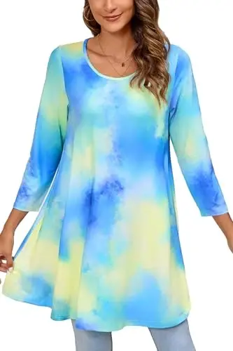 ENMAIN Tunic Tops for Women 3/4 Sleeve Plus Size Women's Tunics Loose Fit Floral Swing Flare Ladies Blouse for Leggings - 1