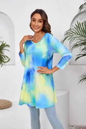 ENMAIN Tunic Tops for Women 3/4 Sleeve Plus Size Women's Tunics Loose Fit Floral Swing Flare Ladies Blouse for Leggings - 4