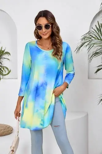 ENMAIN Tunic Tops for Women 3/4 Sleeve Plus Size Women's Tunics Loose Fit Floral Swing Flare Ladies Blouse for Leggings - 5
