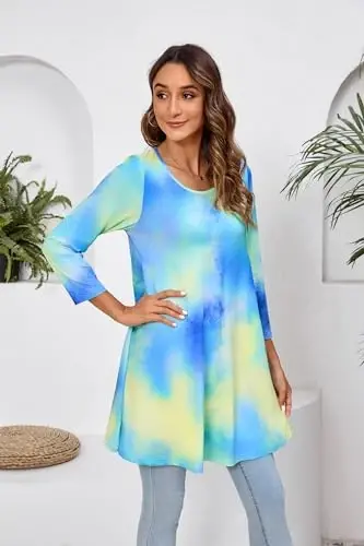 ENMAIN Tunic Tops for Women 3/4 Sleeve Plus Size Women's Tunics Loose Fit Floral Swing Flare Ladies Blouse for Leggings - 3