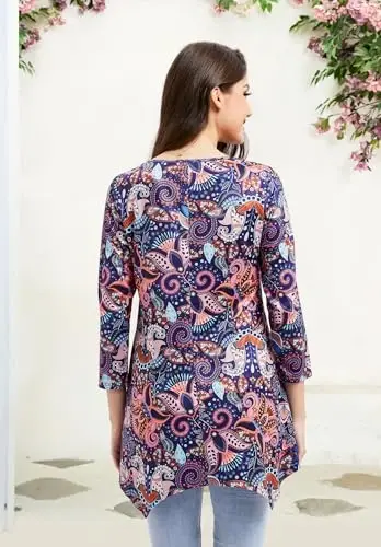 ENMAIN Tunic Tops for Women 3/4 Sleeve Plus Size Women's Tunics Loose Fit Floral Swing Flare Ladies Blouse for Leggings - 2