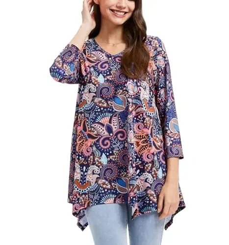 ENMAIN Tunic Tops for Women 3/4 Sleeve Plus Size Women's Tunics Loose Fit Floral Swing Flare Ladies Blouse for Leggings 