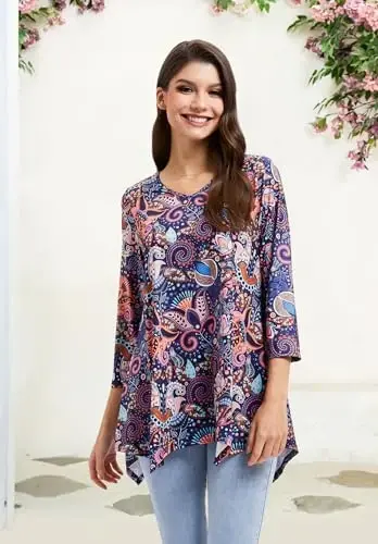 ENMAIN Tunic Tops for Women 3/4 Sleeve Plus Size Women's Tunics Loose Fit Floral Swing Flare Ladies Blouse for Leggings - 4
