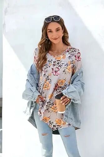 ENMAIN Tunic Tops for Women 3/4 Sleeve Plus Size Women's Tunics Loose Fit Floral Swing Flare Ladies Blouse for Leggings 