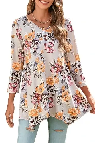 ENMAIN Tunic Tops for Women 3/4 Sleeve Plus Size Women's Tunics Loose Fit Floral Swing Flare Ladies Blouse for Leggings - 1