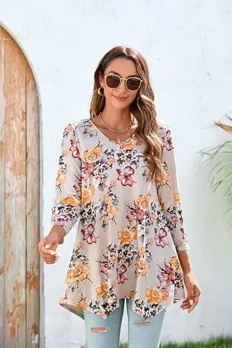 ENMAIN Tunic Tops for Women 3/4 Sleeve Plus Size Women's Tunics Loose Fit Floral Swing Flare Ladies Blouse for Leggings - 2