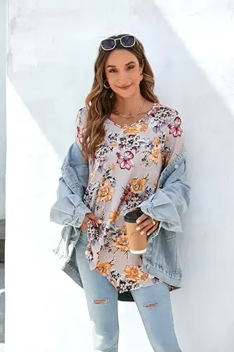 ENMAIN Tunic Tops for Women 3/4 Sleeve Plus Size Women's Tunics Loose Fit Floral Swing Flare Ladies Blouse for Leggings - 6