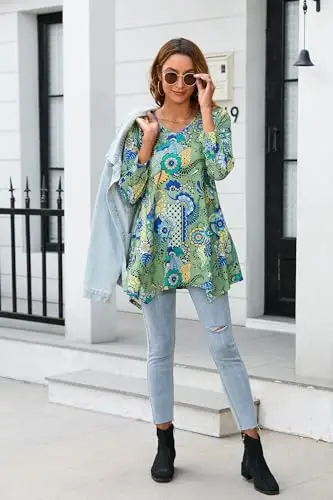 ENMAIN Tunic Tops for Women 3/4 Sleeve Plus Size Women's Tunics Loose Fit Floral Swing Flare Ladies Blouse for Leggings - 6