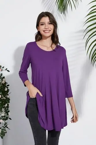 ENMAIN Tunic Tops for Women 3/4 Sleeve Plus Size Women's Tunics Loose Fit Floral Swing Flare Ladies Blouse for Leggings - 4