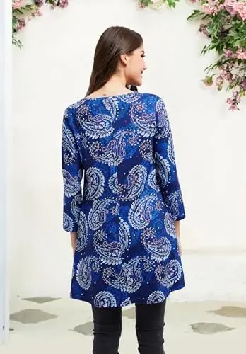 ENMAIN Tunic Tops for Women 3/4 Sleeve Plus Size Women's Tunics Loose Fit Floral Swing Flare Ladies Blouse for Leggings - 2