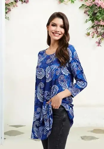ENMAIN Tunic Tops for Women 3/4 Sleeve Plus Size Women's Tunics Loose Fit Floral Swing Flare Ladies Blouse for Leggings - 4