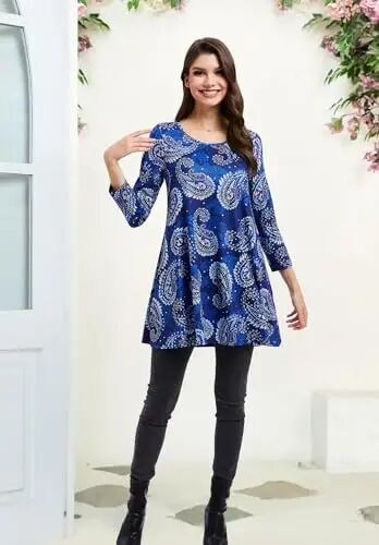 ENMAIN Tunic Tops for Women 3/4 Sleeve Plus Size Women's Tunics Loose Fit Floral Swing Flare Ladies Blouse for Leggings 