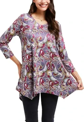 ENMAIN Tunic Tops for Women 3/4 Sleeve Plus Size Women's Tunics Loose Fit Floral Swing Flare Ladies Blouse for Leggings - ENMAIN