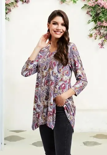 ENMAIN Tunic Tops for Women 3/4 Sleeve Plus Size Women's Tunics Loose Fit Floral Swing Flare Ladies Blouse for Leggings - 4