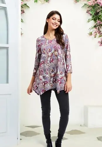 ENMAIN Tunic Tops for Women 3/4 Sleeve Plus Size Women's Tunics Loose Fit Floral Swing Flare Ladies Blouse for Leggings - 6