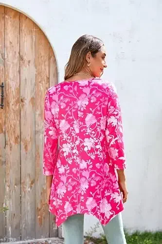 ENMAIN Tunic Tops for Women 3/4 Sleeve Plus Size Women's Tunics Loose Fit Floral Swing Flare Ladies Blouse for Leggings - 3