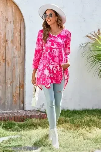 ENMAIN Tunic Tops for Women 3/4 Sleeve Plus Size Women's Tunics Loose Fit Floral Swing Flare Ladies Blouse for Leggings - 6