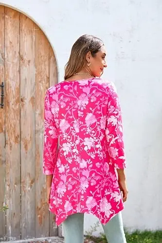 ENMAIN Tunic Tops for Women 3/4 Sleeve Plus Size Women's Tunics Loose Fit Floral Swing Flare Ladies Blouse for Leggings - 3