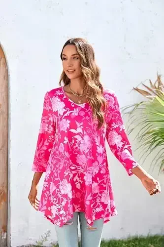 ENMAIN Tunic Tops for Women 3/4 Sleeve Plus Size Women's Tunics Loose Fit Floral Swing Flare Ladies Blouse for Leggings - ENMAIN (1)