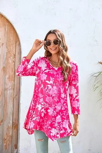 ENMAIN Tunic Tops for Women 3/4 Sleeve Plus Size Women's Tunics Loose Fit Floral Swing Flare Ladies Blouse for Leggings - 5