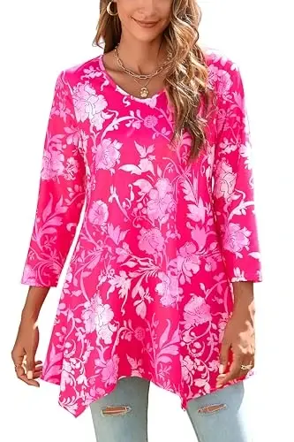 ENMAIN Tunic Tops for Women 3/4 Sleeve Plus Size Women's Tunics Loose Fit Floral Swing Flare Ladies Blouse for Leggings 