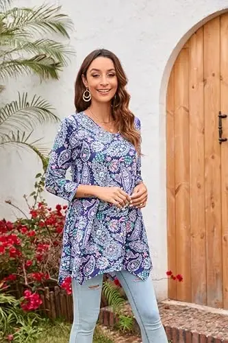 ENMAIN Tunic Tops for Women 3/4 Sleeve Plus Size Women's Tunics Loose Fit Floral Swing Flare Ladies Blouse for Leggings - 2