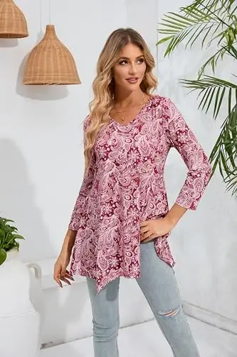 ENMAIN Womens Tunics Tops 3/4 Length Sleeve Plus Size Long Tops to Wear with Leggings Casual Loose Fit Dressy Flowy Blouses - MODAZONE (1)