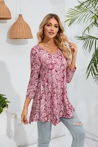 ENMAIN Womens Tunics Tops 3/4 Length Sleeve Plus Size Long Tops to Wear with Leggings Casual Loose Fit Dressy Flowy Blouses - 3