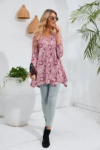 ENMAIN Womens Tunics Tops 3/4 Length Sleeve Plus Size Long Tops to Wear with Leggings Casual Loose Fit Dressy Flowy Blouses - 4