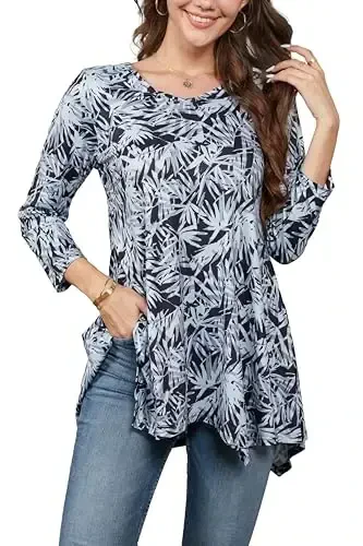 ENMAIN Womens Tunics Tops 3/4 Length Sleeve Plus Size Long Tops to Wear with Leggings Casual Loose Fit Dressy Flowy Blouses - MODAZONE
