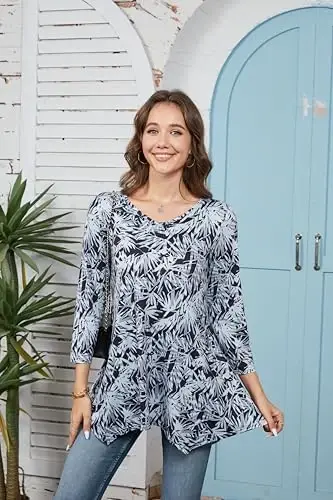 ENMAIN Womens Tunics Tops 3/4 Length Sleeve Plus Size Long Tops to Wear with Leggings Casual Loose Fit Dressy Flowy Blouses - 2
