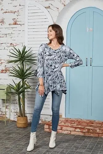 ENMAIN Kadın Tunik Üstler 3/4 Kol Büyük Beden Taytlarla Giyilebilen Uzun Üstler Günlük Bol Kesim Şık Dökümlü Bluzlar - 7