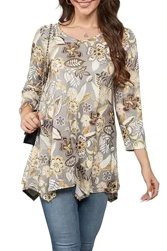 ENMAIN Womens Tunics Tops 3/4 Length Sleeve Plus Size Long Tops to Wear with Leggings Casual Loose Fit Dressy Flowy Blouses 